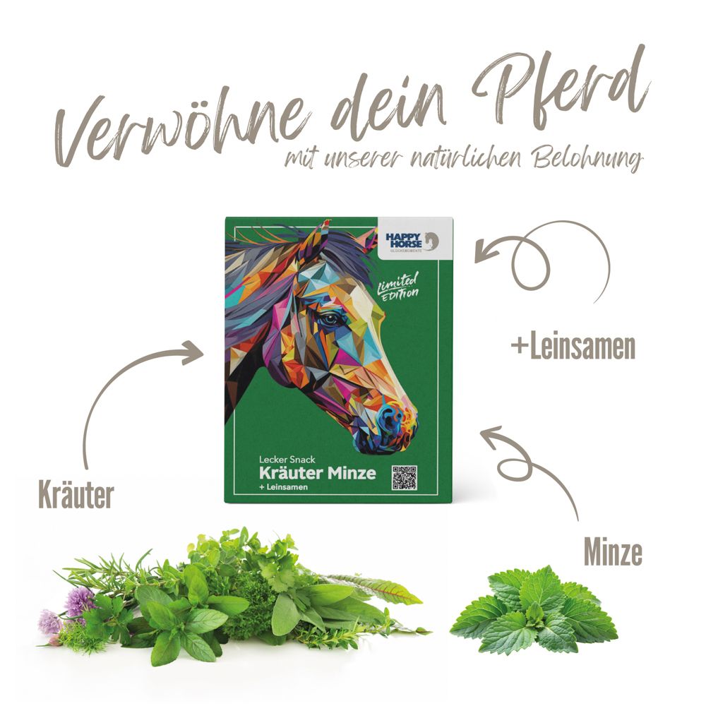 Grüne Produktverpackung mit Kräutern und Minze. Pfeile zeigen auf Kräuter, Minze und Leinsamen.