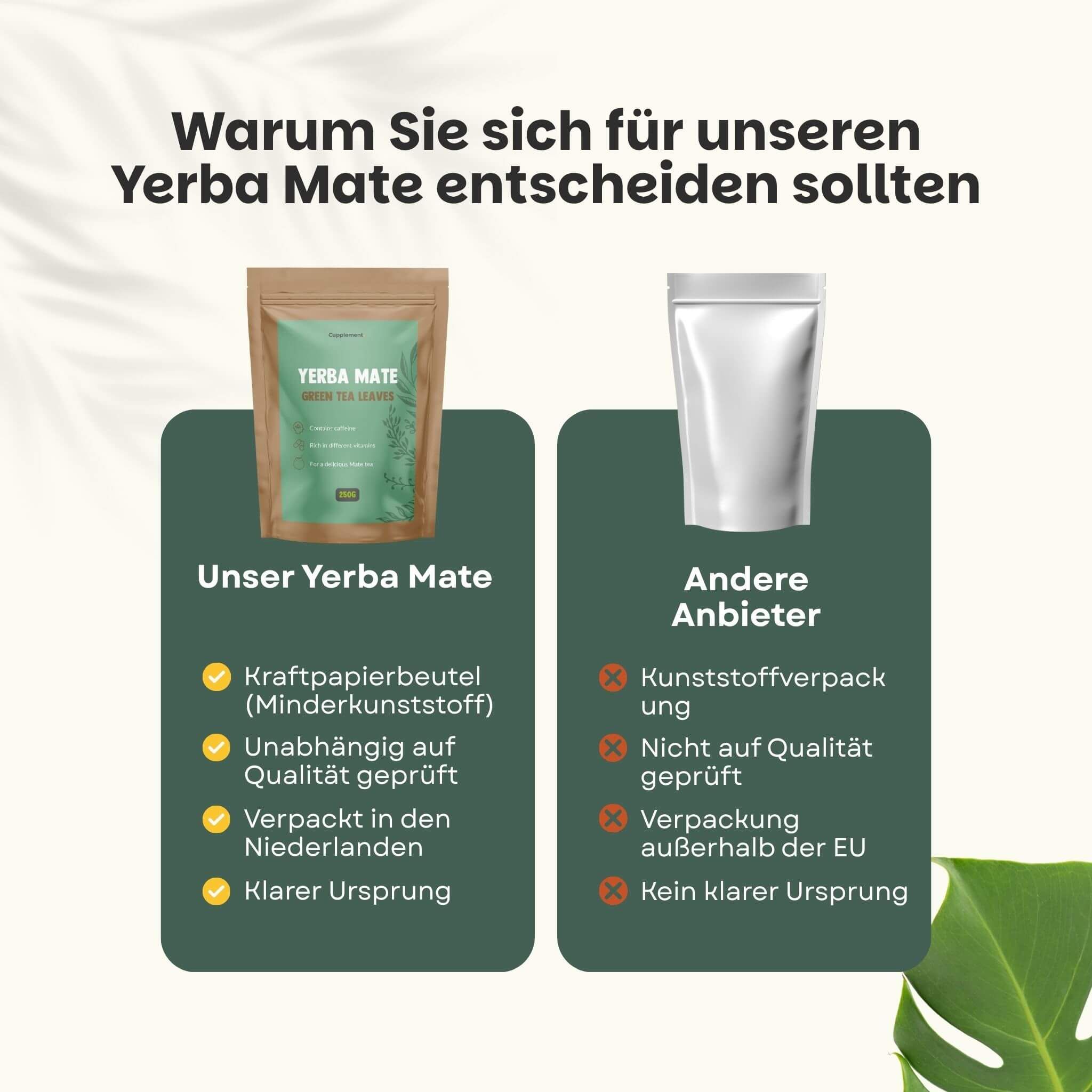 Vergleich von Yerba Mate. Unser Yerba Mate: Kraftpapierbeutel, in den Niederlanden verpackt. Andere Anbieter: Kunststoffverpackung, kein Ursprung.