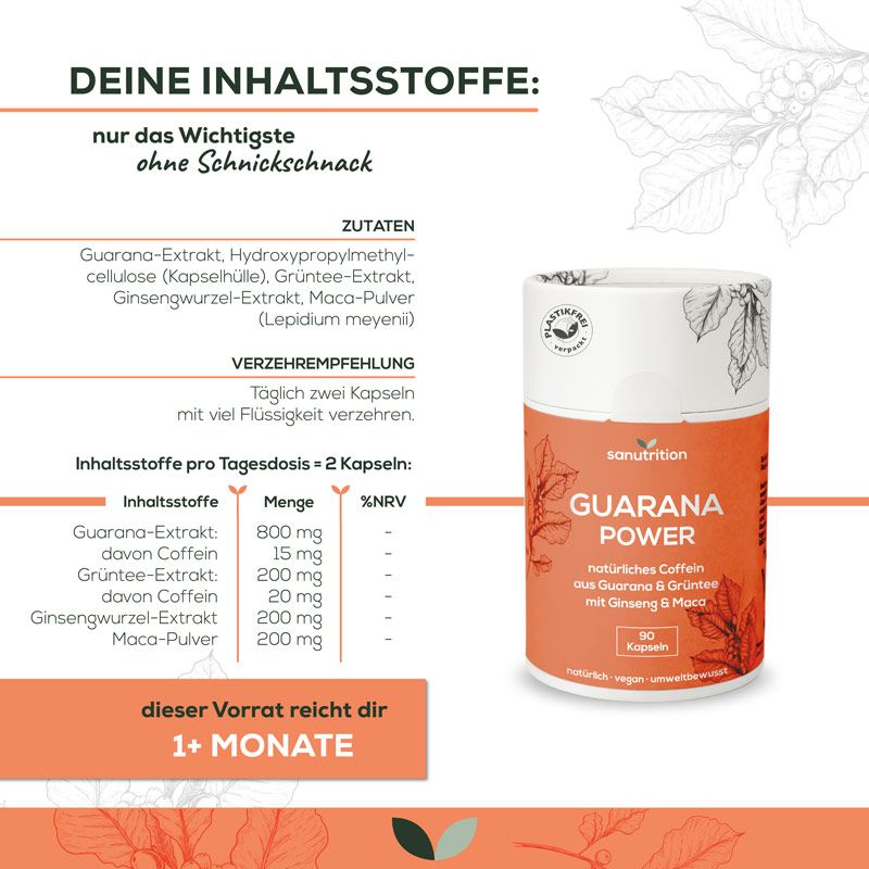 Produktinformationen. "Guarana Power"-Dose, Zutatenliste, Dosierungsempfehlung. 90 Kapseln. Vorrat für 1+ Monat.