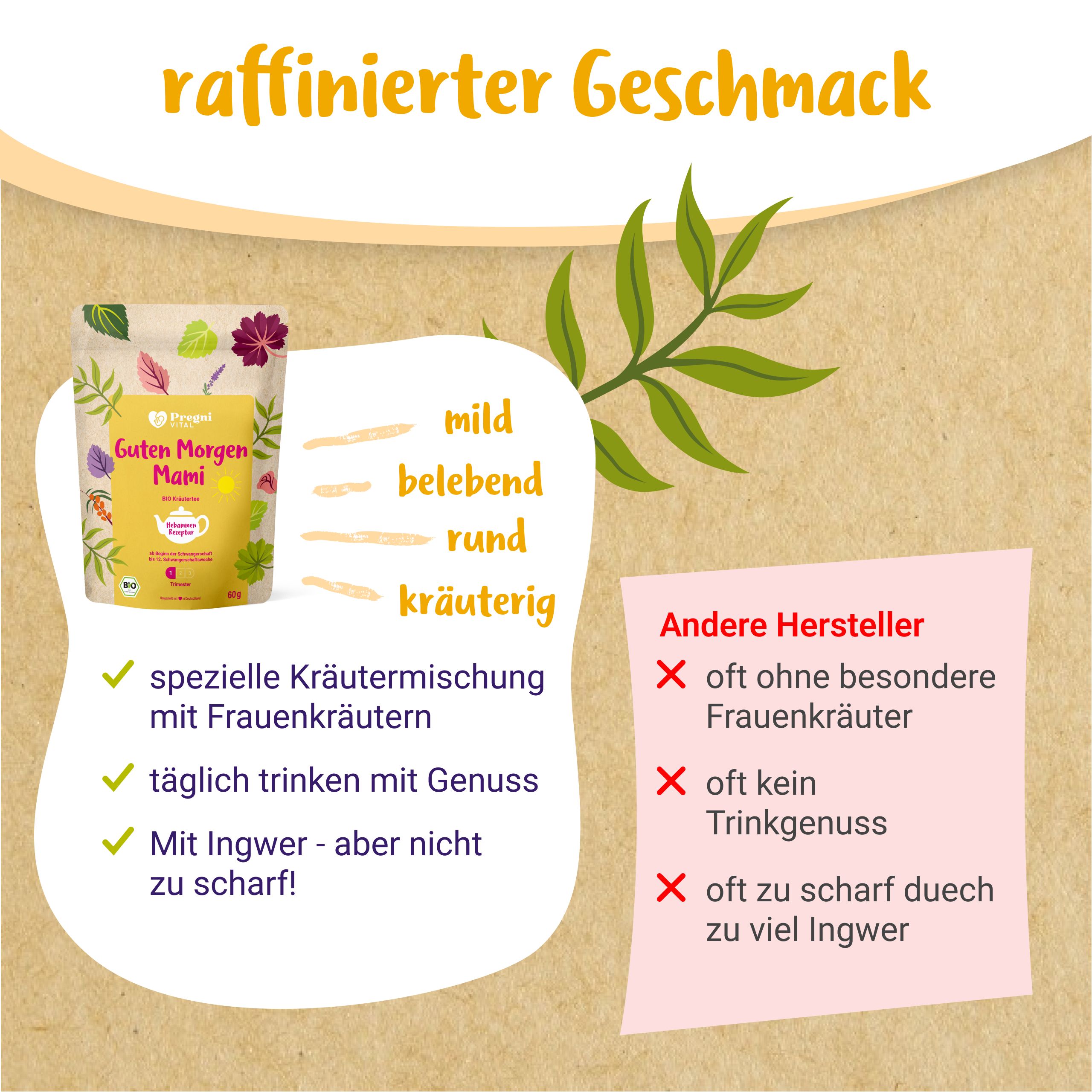 Guten Morgen Mami BIO Tee: Kräutermischung, mild, belebend, kräuterig.