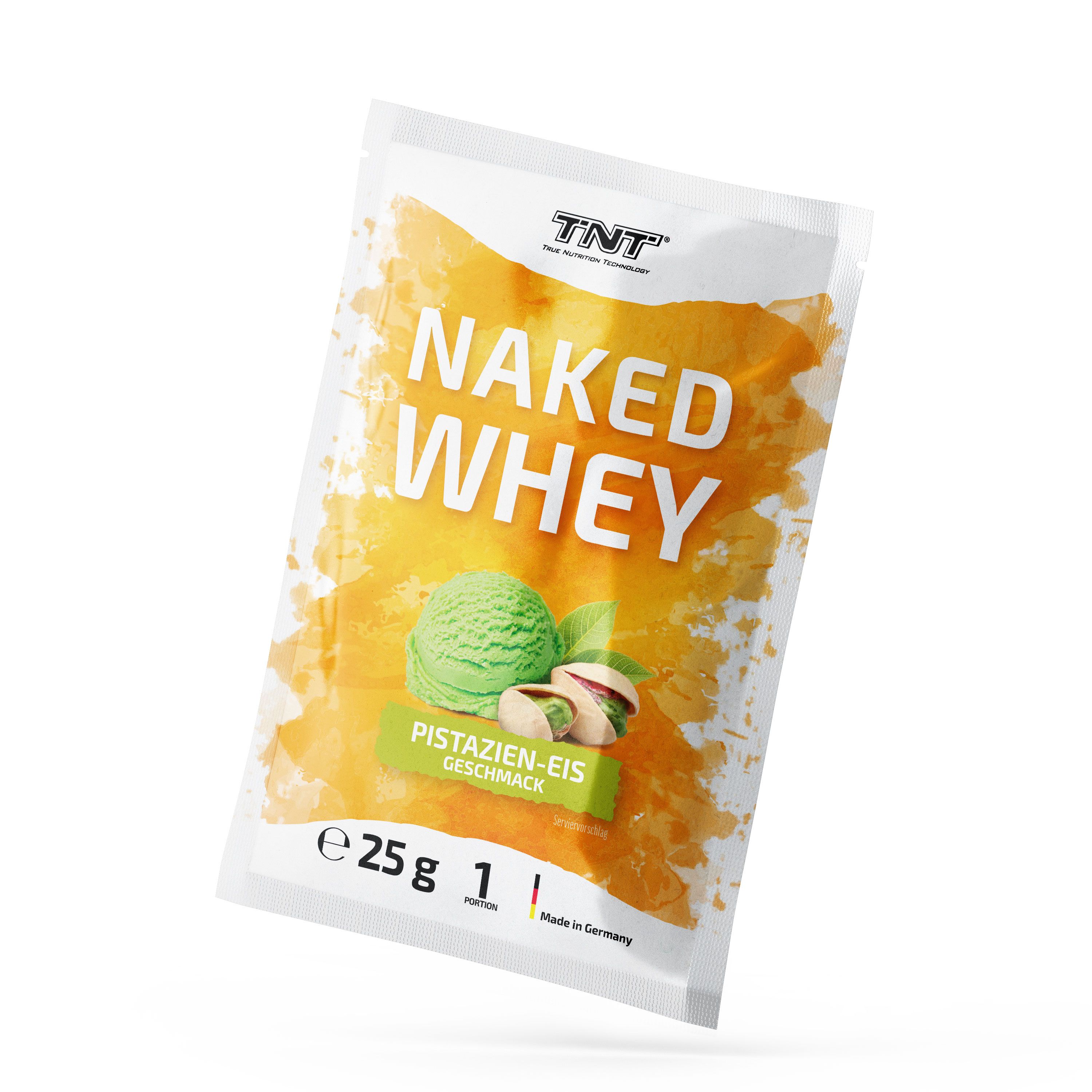 Whey-Protein-Portionsbeutel. Aufdruck: "Naked Whey", "Pistazien-Eis Geschmack", 25g. Abbildung: Pistazieneis.