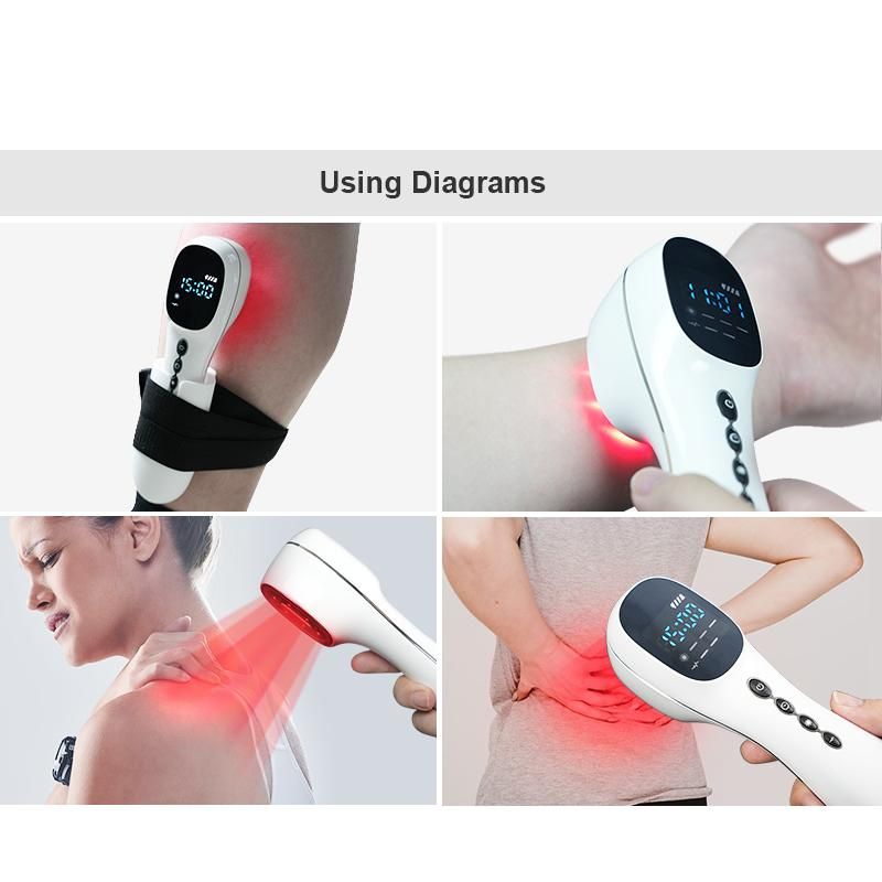 Verschiedene Anwendungen des Geräts. Zeigt Knie, Handgelenk, Nacken und Rücken, mit roter Beleuchtung.