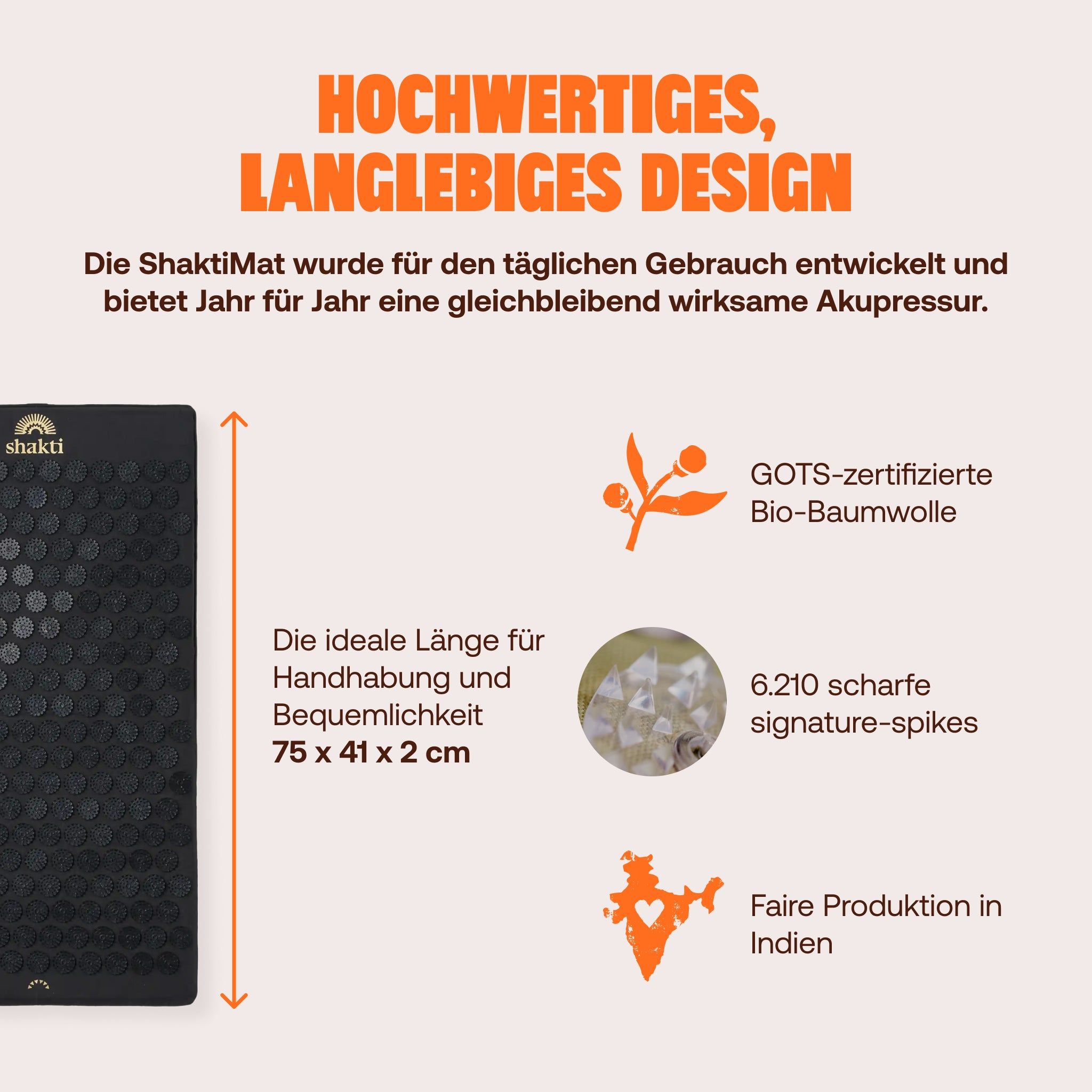 Schwarze Akupressurmatte, 75x41 cm, mit 6.210 Spitzen, GOTS-zertifizierter Bio-Baumwolle, aus Indien.
