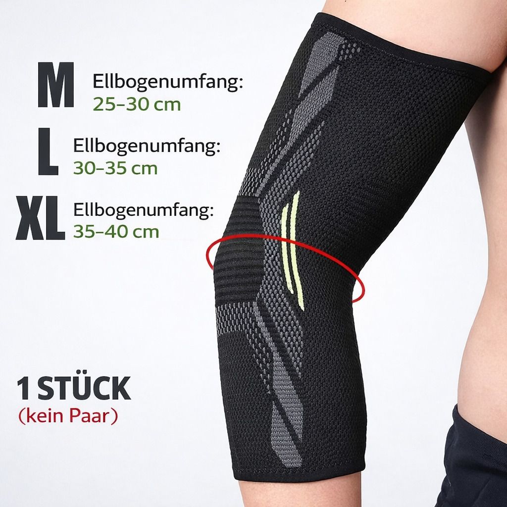 Schwarze Ellenbogenbandage mit Größenangaben M, L, XL. Größenangaben in cm. 1 Stück (kein Paar).