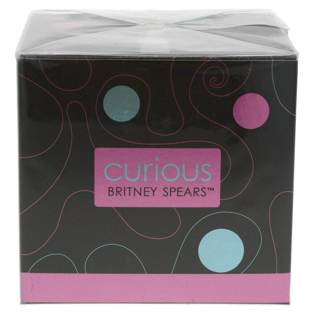 Verpackte Schachtel mit "Curious Britney Spears" Aufdruck. Schwarzer Hintergrund mit blauen und rosa Kreisen.