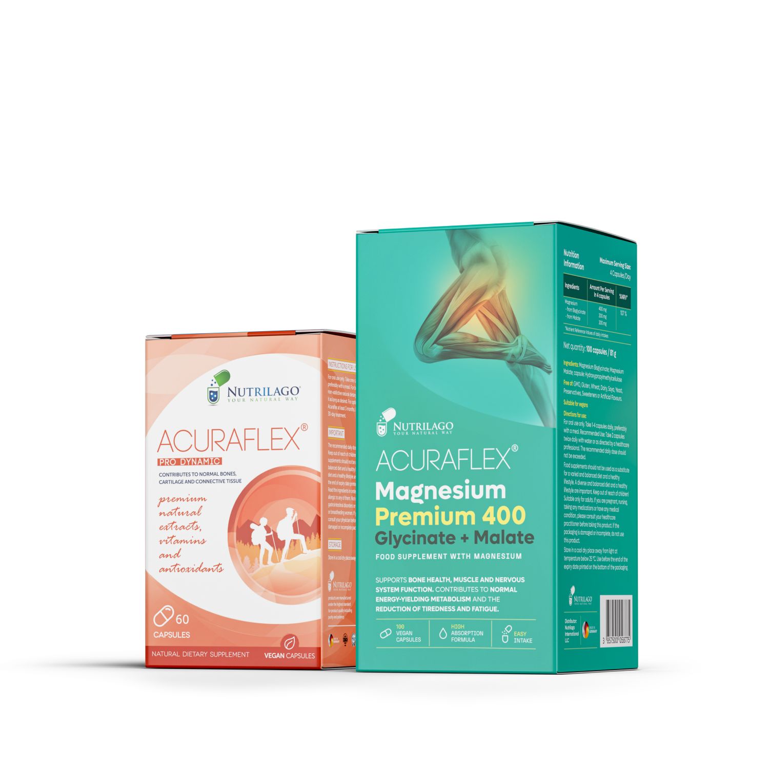 Zwei Produktverpackungen. Aufschrift: ACURAFLEX, 60 Kapseln. Logo: Nutrilago. Grün und orange.
