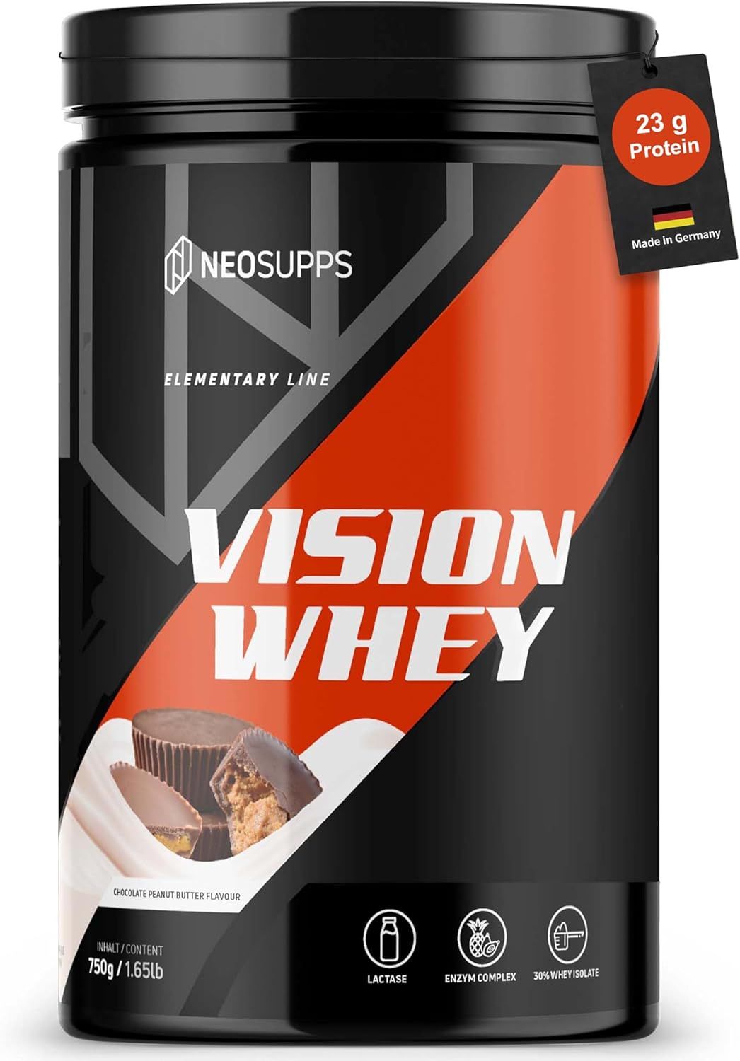 Produkt-Dose mit Aufschrift: Vision Whey, 23g Protein, Chocolate Peanut Butter. Mit Zertifizierung Made in Germany.