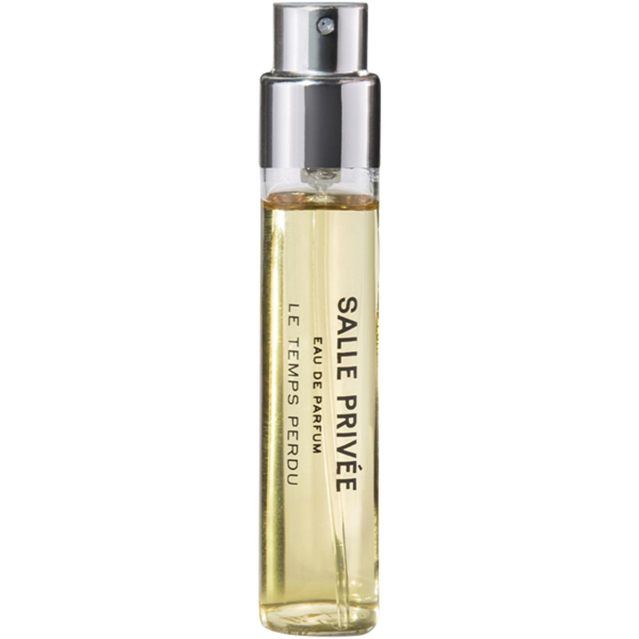 Glasflakon mit silbernem Sprühkopf. Aufschrift: SALLE PRIVEE, LE TEMPS PERDU, EAU DE PARFUM.
