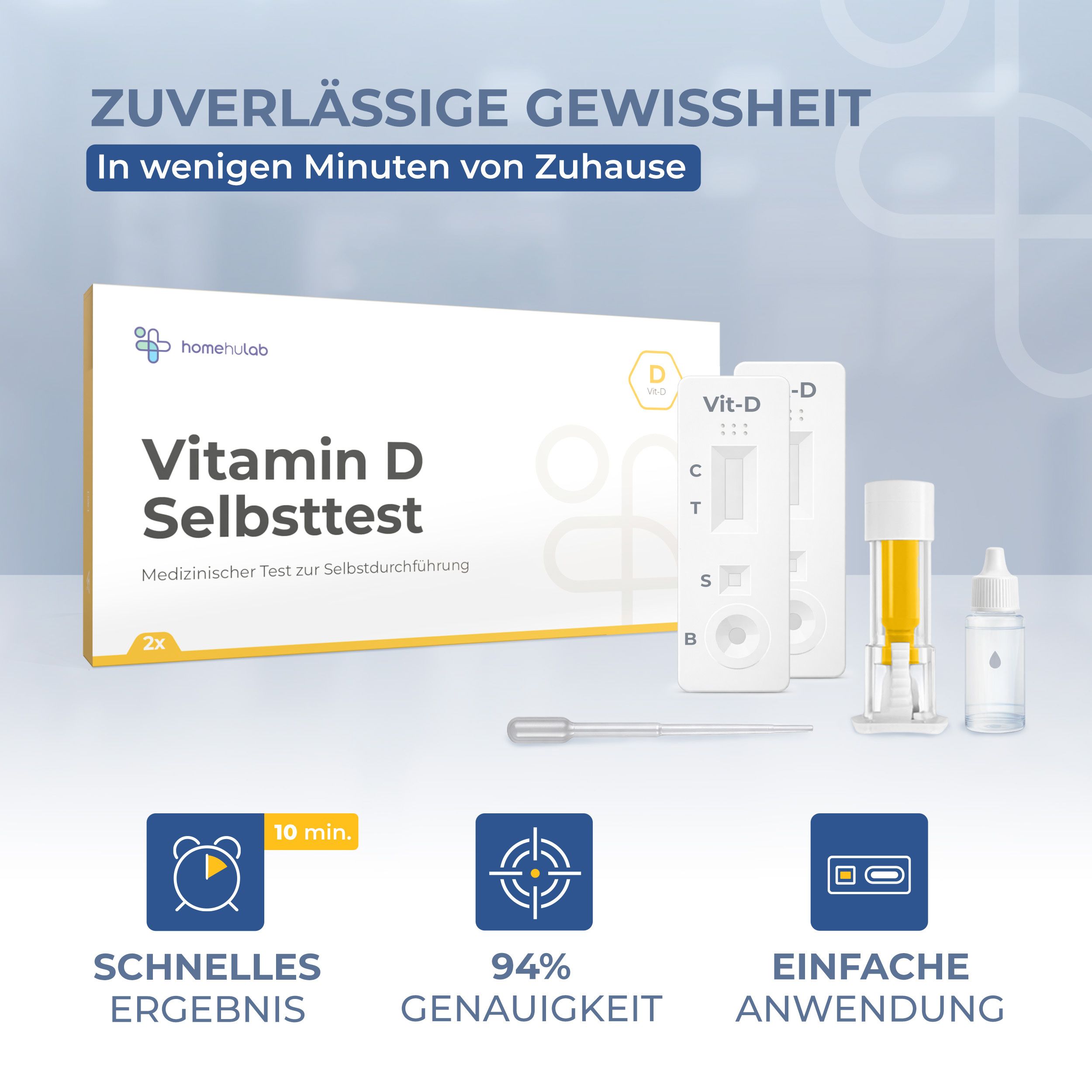 Vitamin D Selbsttest, Testkassette, Zubehör. Schnelles Ergebnis, 94% Genauigkeit, einfache Anwendung.