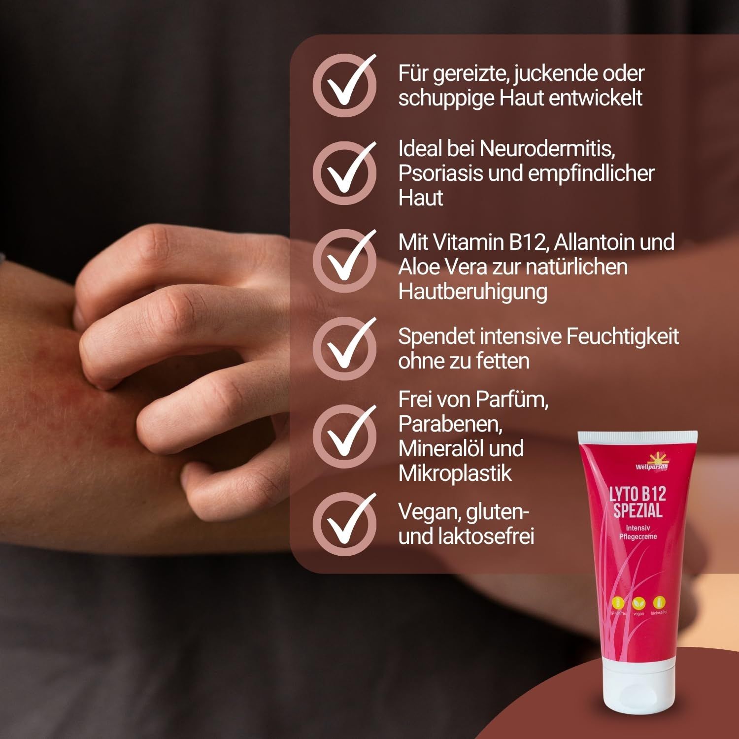 Hand, die sich kratzt, neben einer Tube "LYTO B12 SPEZIAL". Checklisten-Text: Neurodermitis, Psoriasis, Vitamin B12, ohne Parfum, vegan.