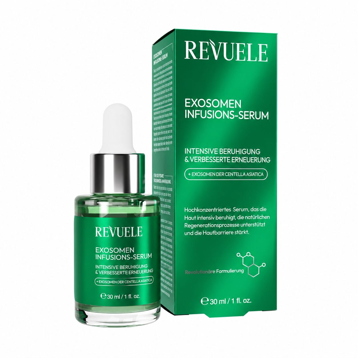 Revuele Exosome Infusions-Serum: Flasche und Verpackung.