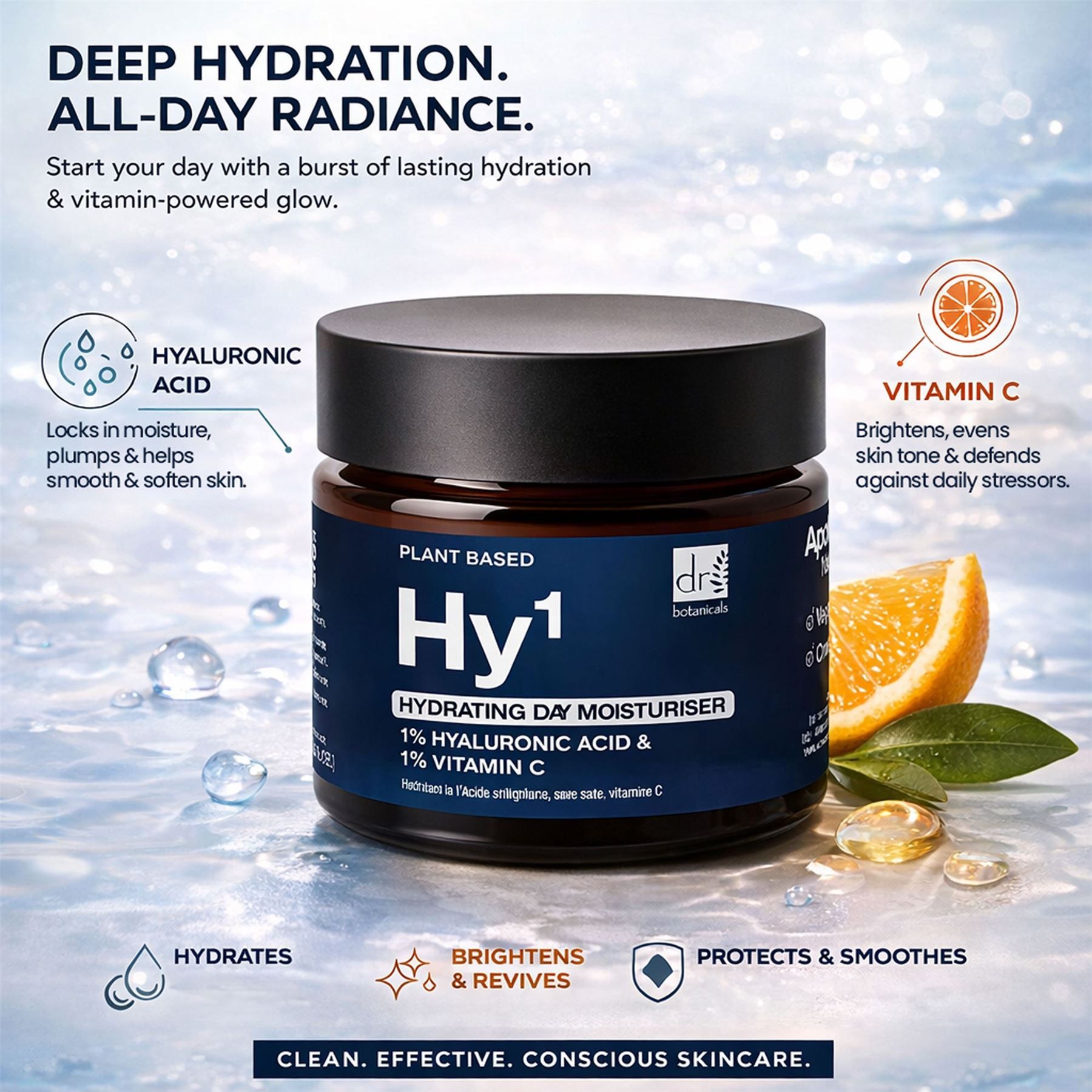 Dr. Botanicals Hyaluronic Acid Hydrating Day Moisturiser Tiegel mit Orange.