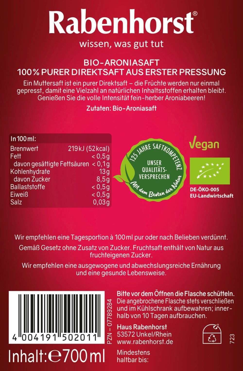 Rabenhorst Aronia Muttersaft BIO 6x700 ml Saft