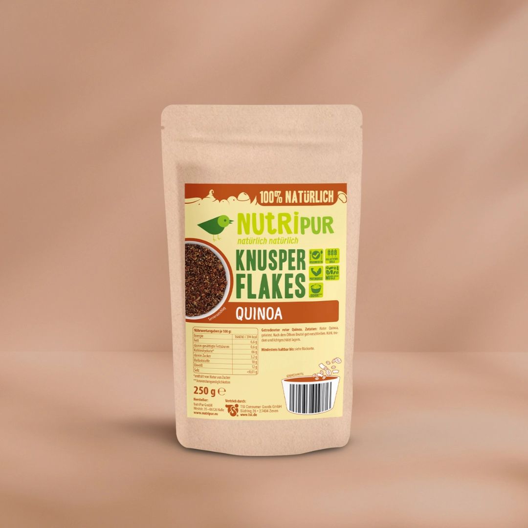 Beutel mit NutriPur Knusper Flakes Quinoa. Aufdruck: 100% natürlich, Logo, Produktname, Nährwertangaben, 250g.