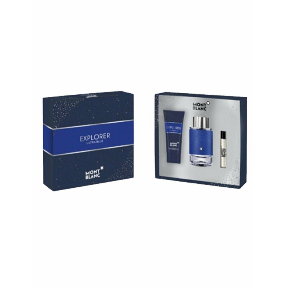 Geschenkset mit Flakon, Duschgel und Probe. Blaue Verpackung mit Logo und Schriftzug EXPLORER ULTRA BLUE.