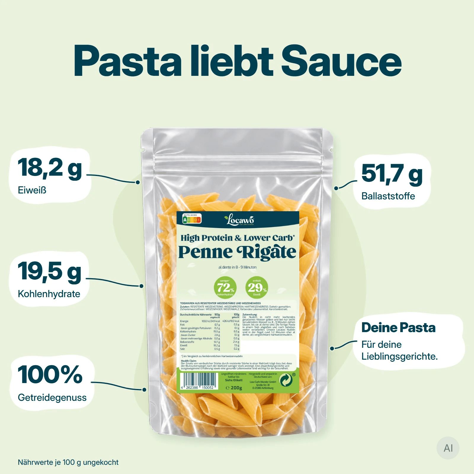 Locawo High Protein & Lower Carb Penne Rigate Nudeln in einer transparenten Verpackung mit Nährwertangaben und A-B-C-D-E-Kennzeichnung.