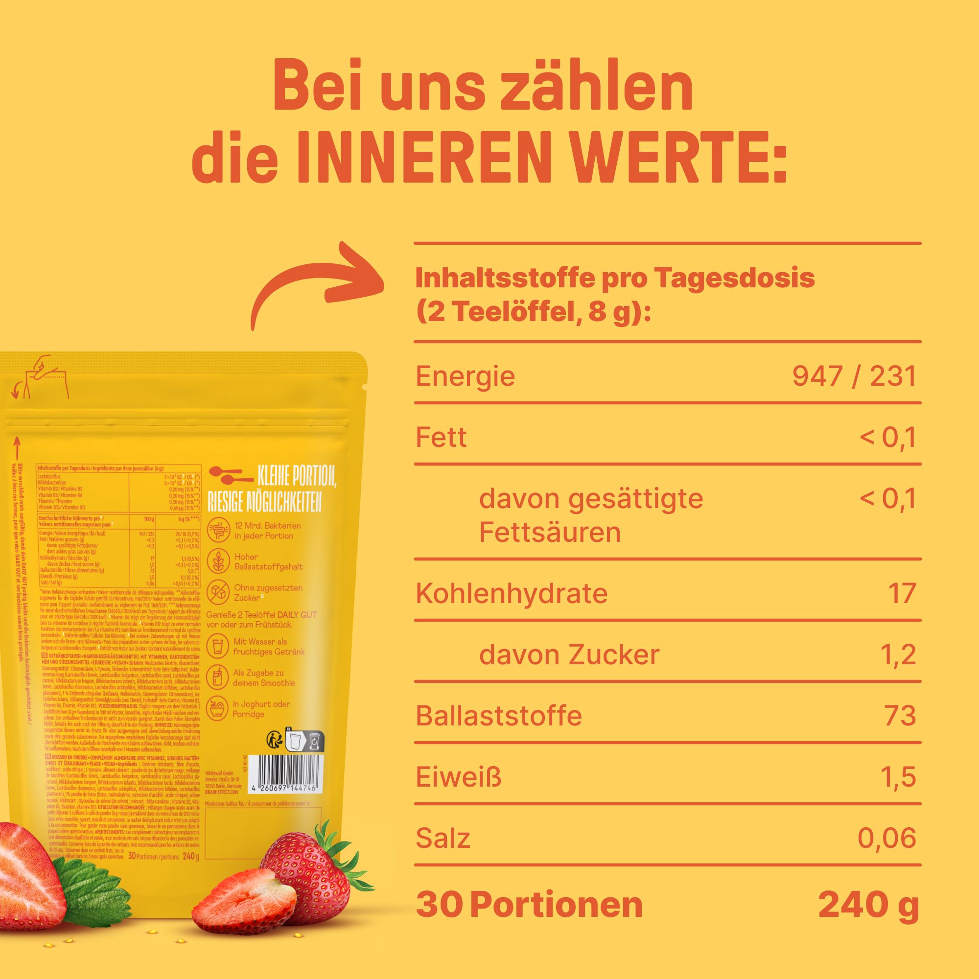 Gelber Hintergrund mit Nährwerttabelle. Text: Inhaltsstoffe pro Tagesdosis (2 Teelöffel, 8 g): Energie, Fett, Kohlenhydrate, Ballaststoffe, Eiweiß, Salz. 30 Portionen, 240 g.