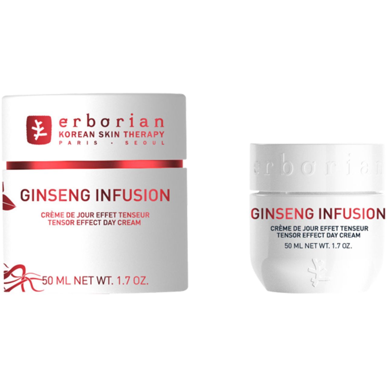Zwei weiße Tiegel und Verpackung. Aufschrift: Ginseng Infusion, Tensor Effect Day Cream. Marke Erborian.