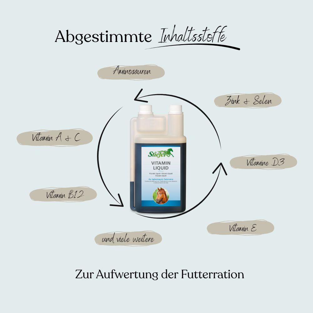 Flasche mit Stiefel Vitamin Liquid. Produktetikett mit Text und Abbildung eines Pferdes. Zusätzliche Informationen um die Flasche herum.