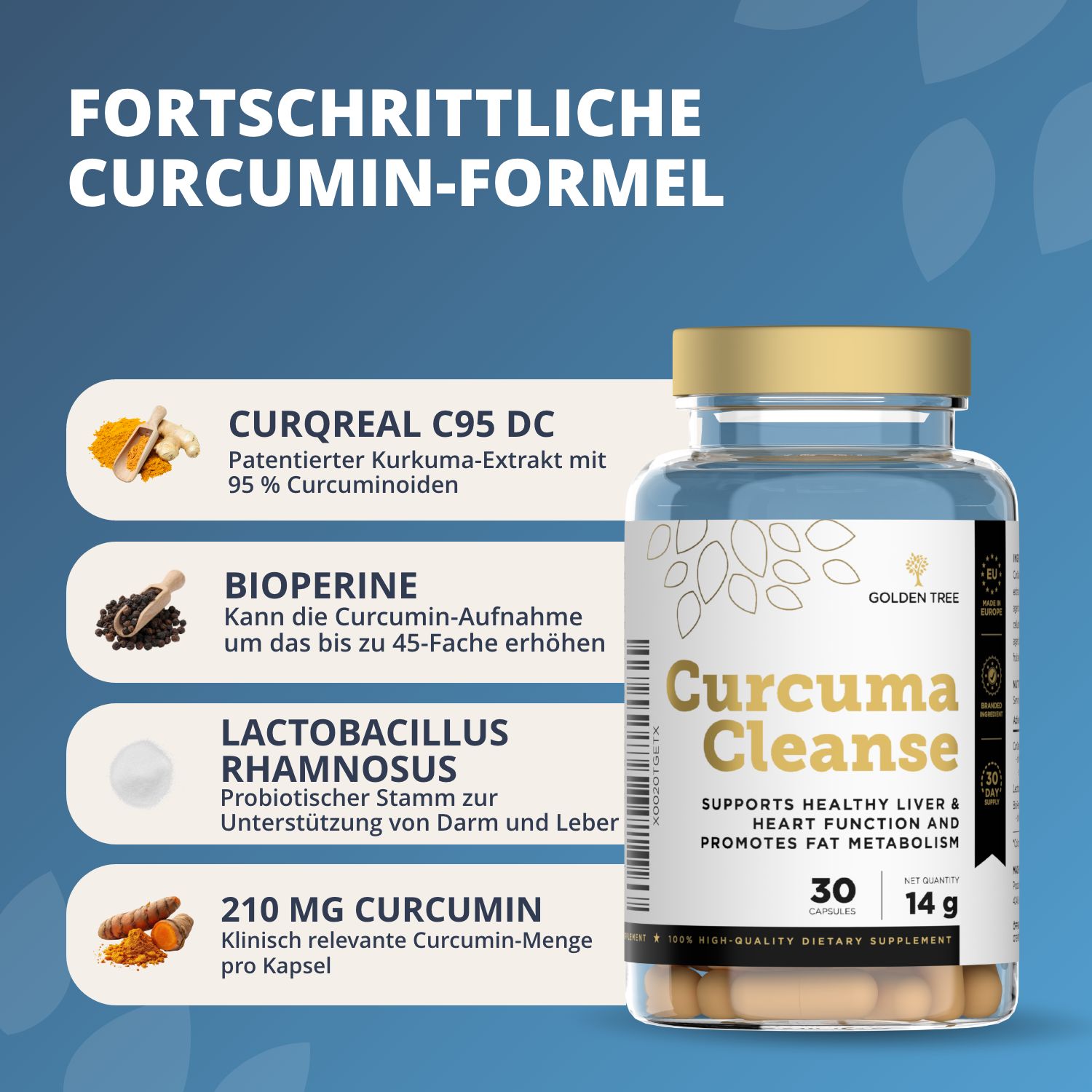 Flasche Curcuma Cleanse mit detaillierter Beschreibung der Inhaltsstoffe wie CurQreal C95 DC und Bioperine.