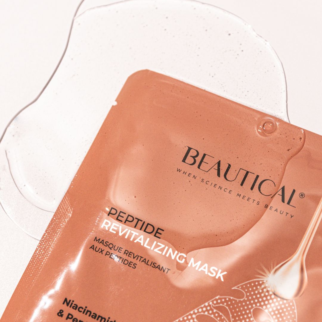 Beautical Peptid-Revitalisierungsmaske und Flüssigkeit. Text: Peptid Revitalisierungsmaske, Niacinamid, Kollagen & Peptide.