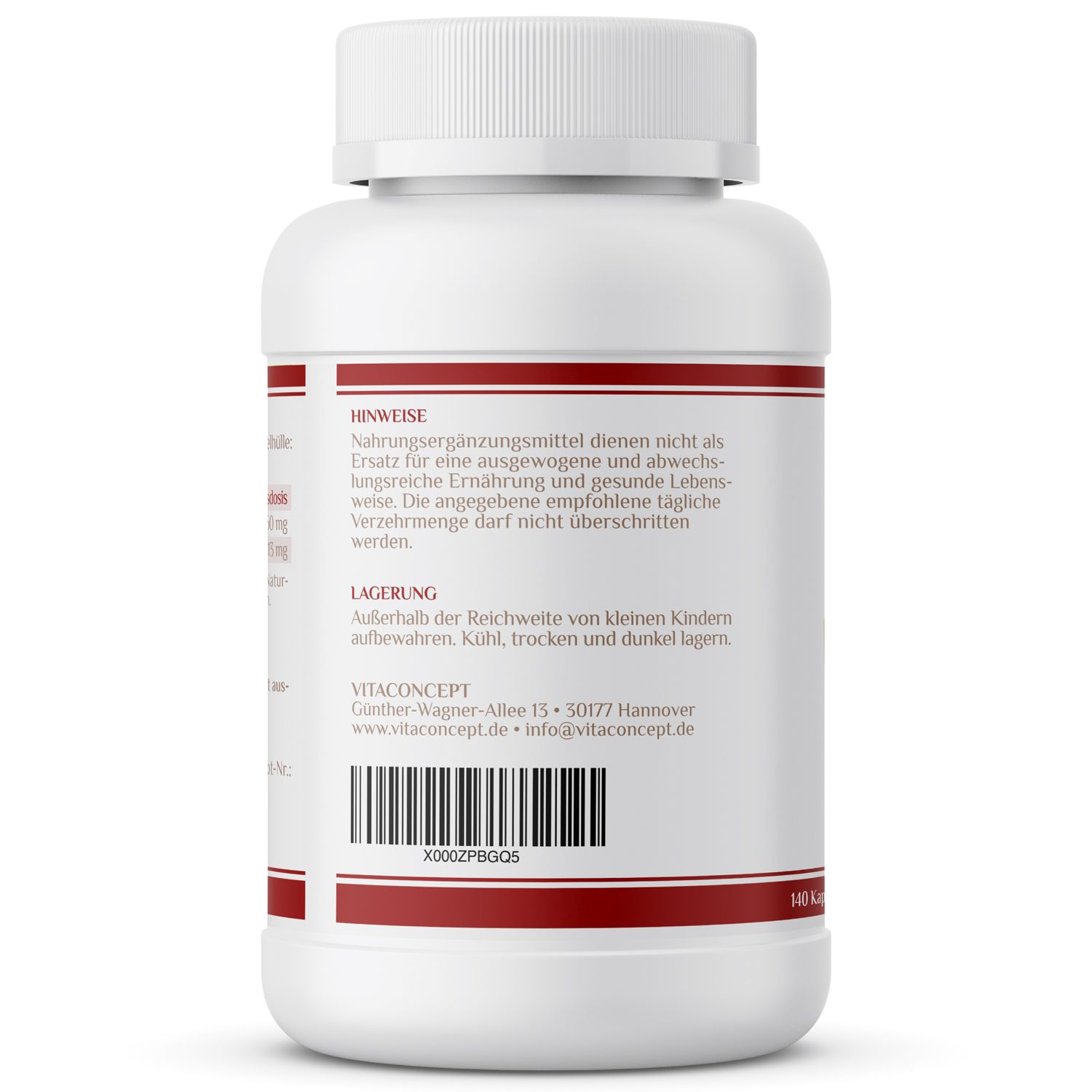 Rückseite einer weißen Flasche mit roter Umrandung. Text: Hinweise, Lagerung, VITACONCEPT-Adresse, Barcode. 140 Kapseln.