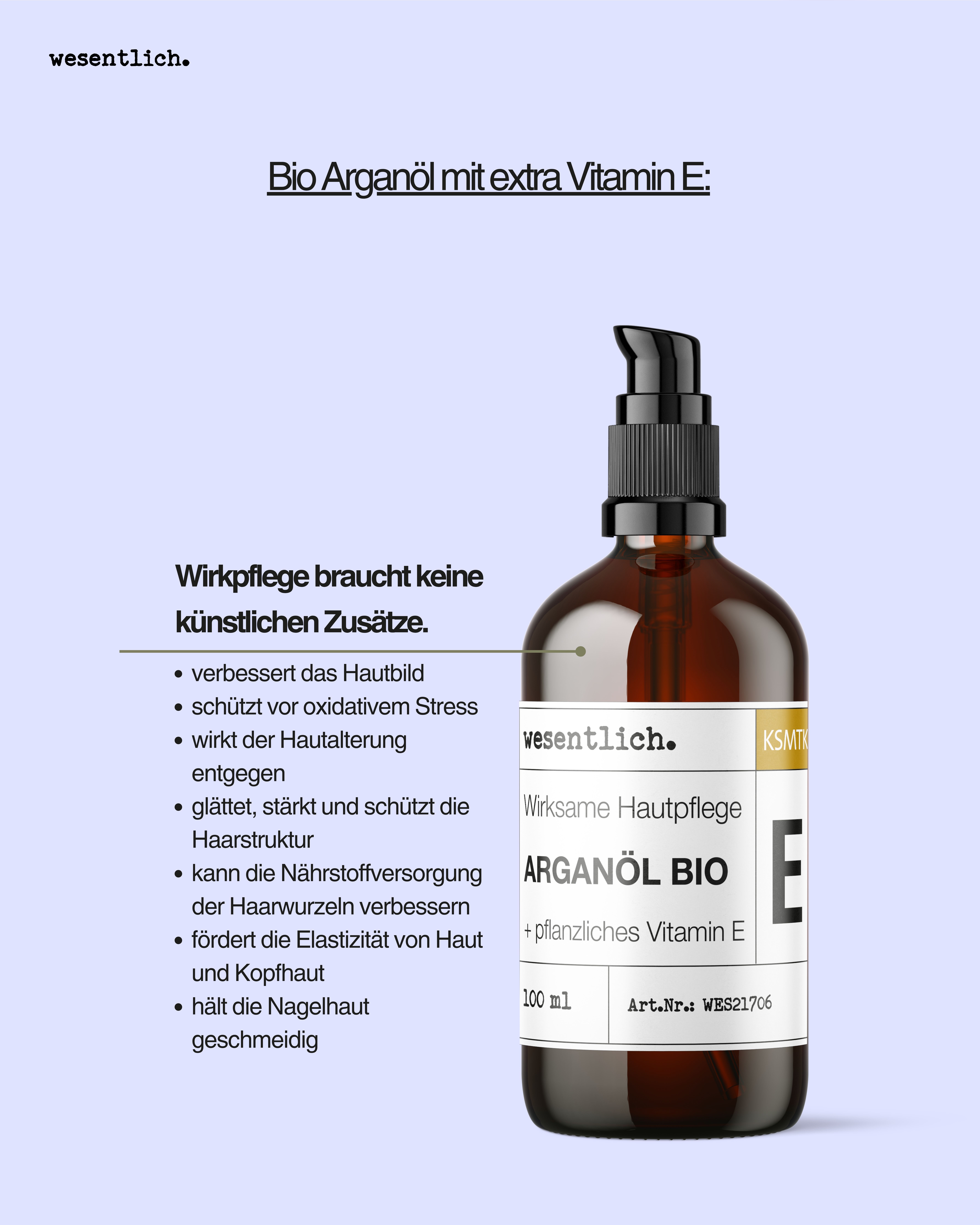 Braunglasflasche mit Pumpverschluss. Beschriftung: ARGANÖL BIO + Vitamin E. 100 ml. Produktmerkmale auf blauem Hintergrund.
