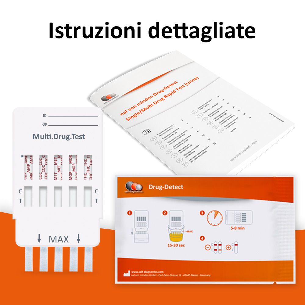 Test antidroga Multi.Drug.Test con istruzioni. Istruzioni e confezione con logo. Striscia reattiva con risultati.