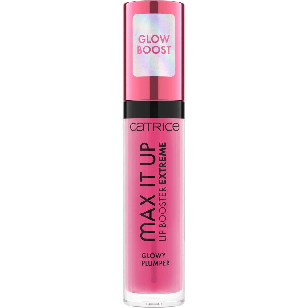 Catrice Max It Up Lip Booster Extreme in pink, mit "Glow Boost" und "GLOWY PLUMPER" Aufschrift.