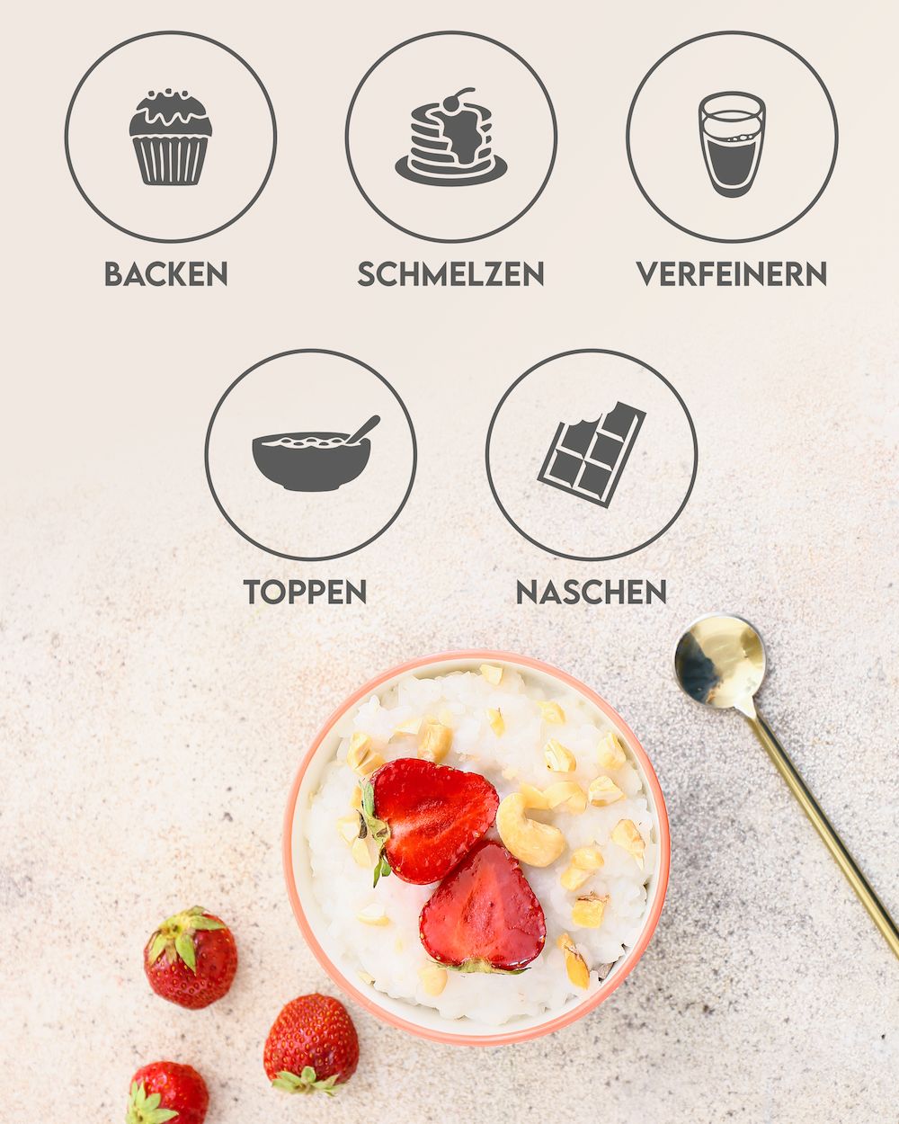 Schüssel mit Dessert, Erdbeeren, Cashewnüssen und Löffel. Icons: Backen, Schmelzen, Verfeinern, Toppen, Naschen.