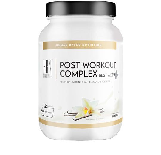 Weißes HBN Supplements Post Workout Complex Best-Ager Produkt. Schwarzer Deckel, goldfarbene Schrift, Vanille-Dekoration.
