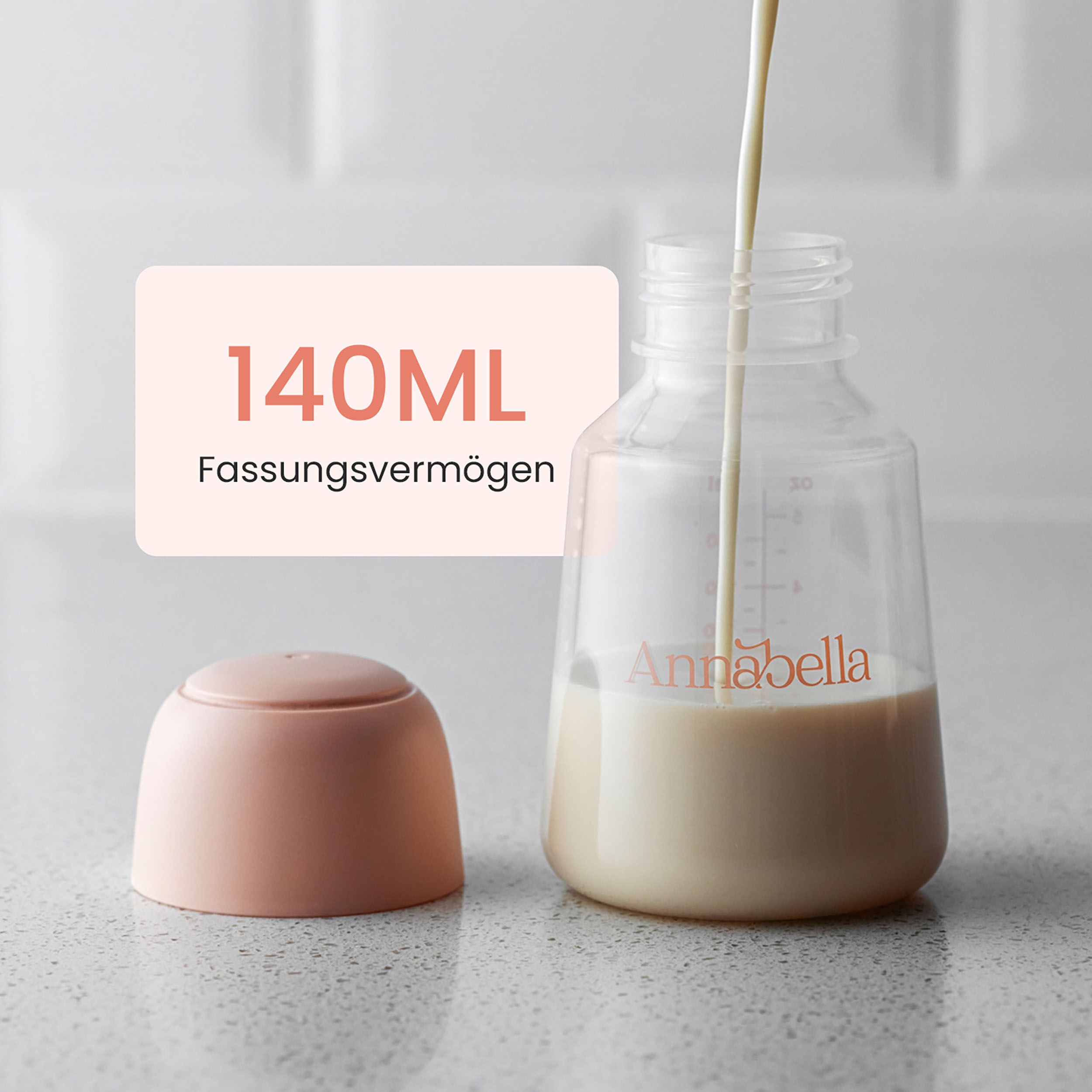 Flasche mit Deckel, gefüllt mit Flüssigkeit. Rosa Deckel. Text: 140ML Fassungsvermögen.