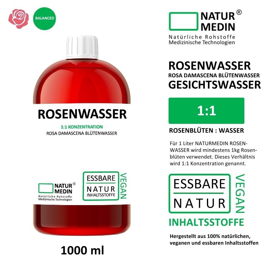Rote Flüssigkeit in einer Flasche mit weißem Verschluss. Beschriftung: Rosenwasser, 1:1 Konzentration, Rosa Damascena Blütenwasser. Vegan.