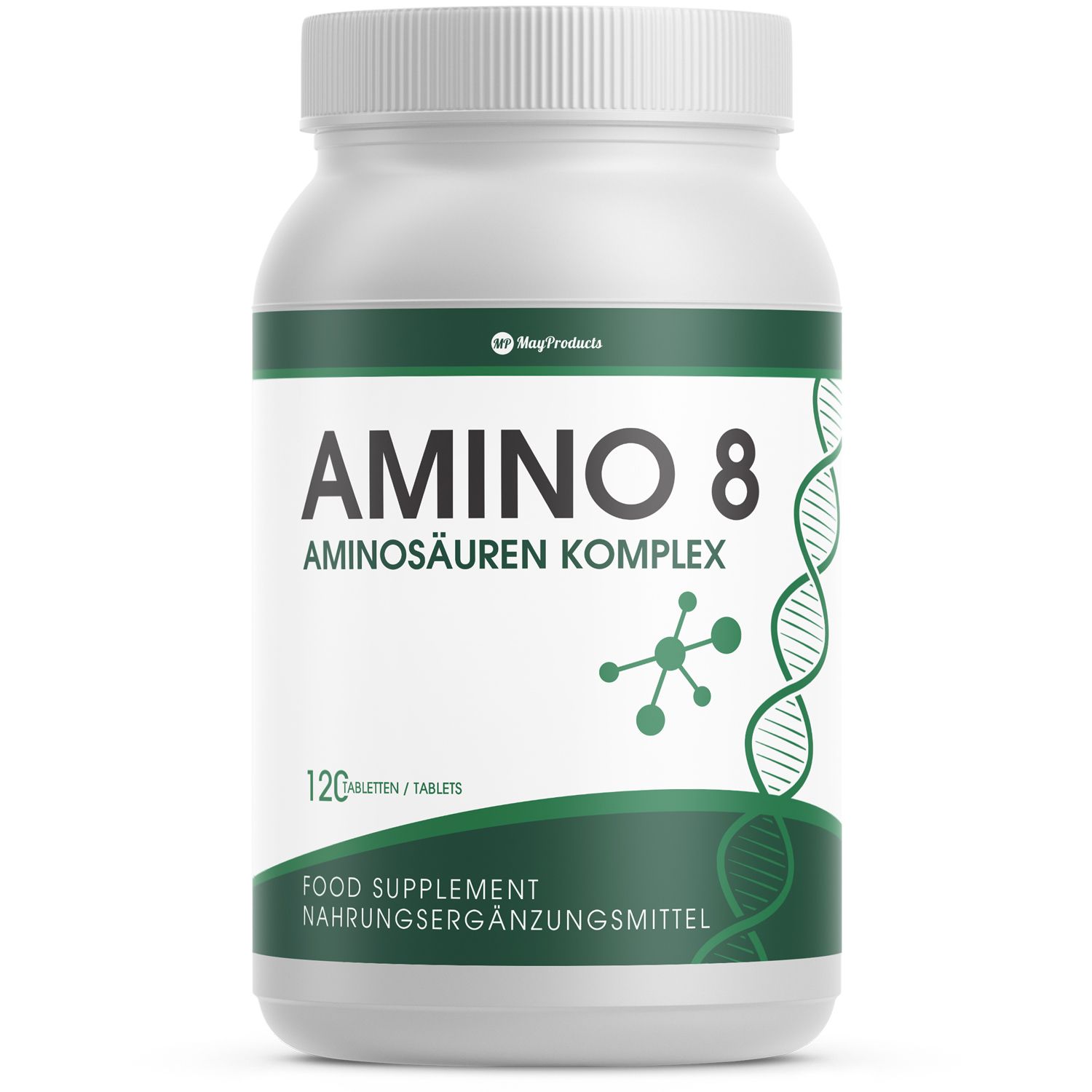 Weiße Flasche mit grünem Etikett. Aufschrift: Amino 8 Aminosäuren Komplex. 120 Tabletten. Nahrungsergänzungsmittel.