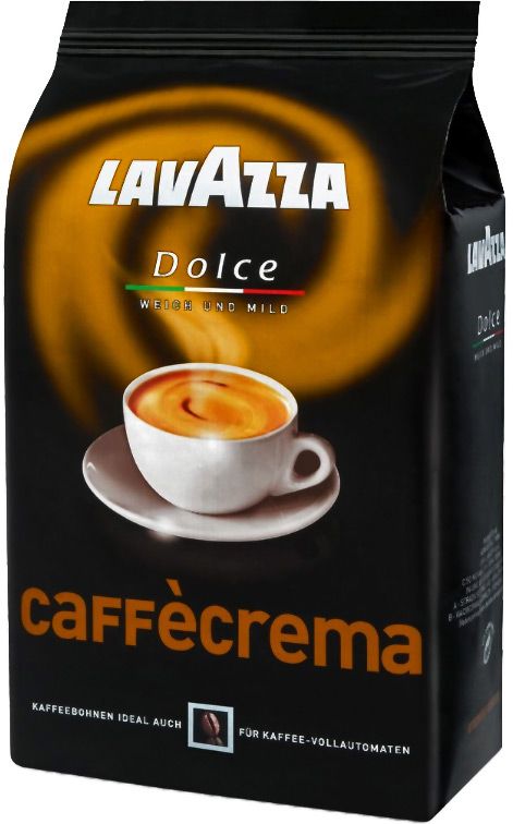 Schwarze Verpackung mit Lavazza-Logo und "Dolce". Abbildung einer Kaffeetasse mit Caffècrema. Text: "Weich und mild".