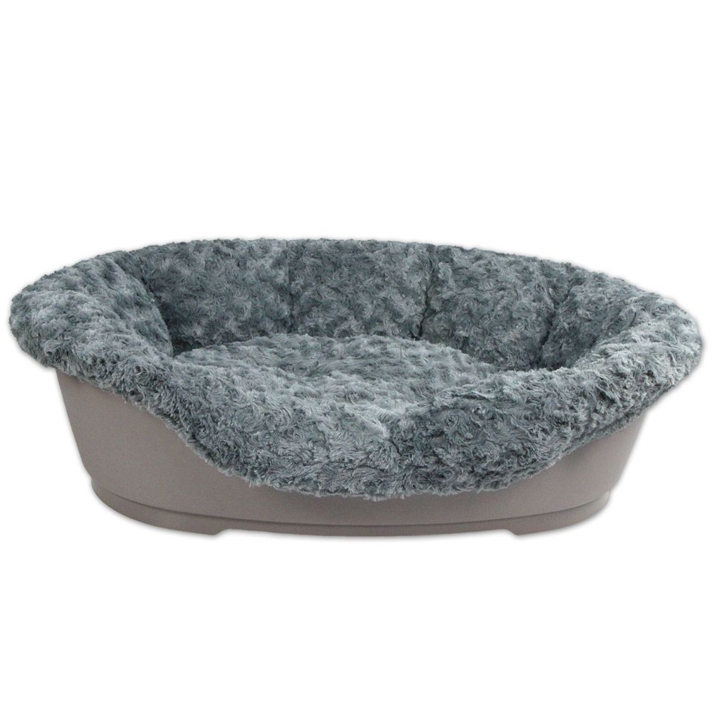 Grauer Kuschelbezug für Kunststoff Hygienekorb. Oval, mit weichem, pelzigem Material. Unterteil aus Kunststoff.