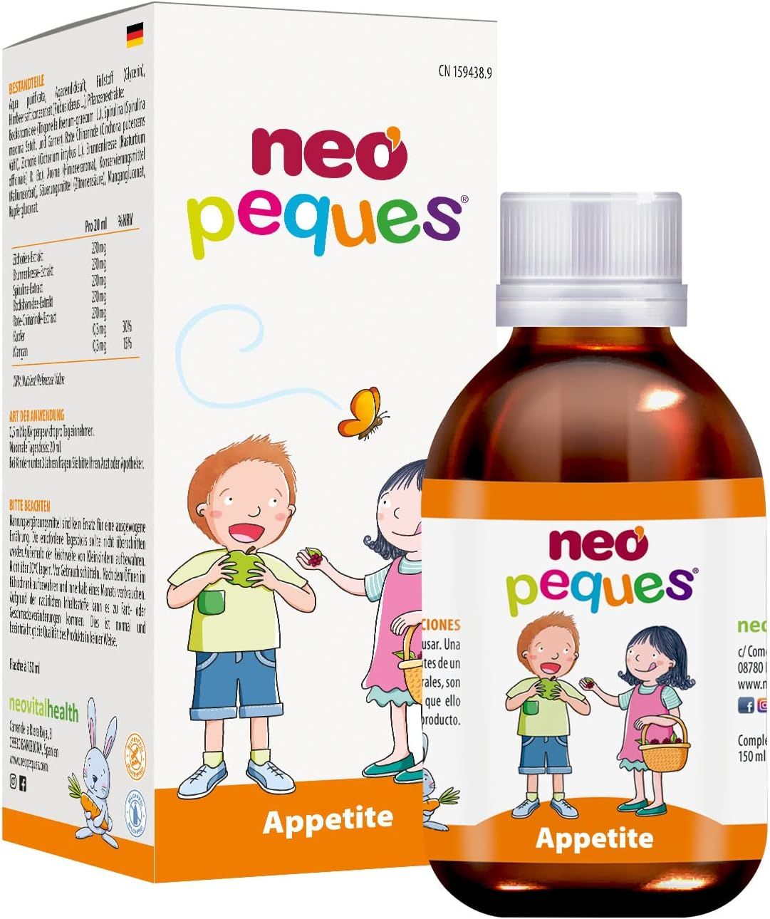 Produktverpackung mit Flasche und Karton. Flasche mit weißem Deckel. Karton mit Logo und Text. Text: Appetite, 150 ml.