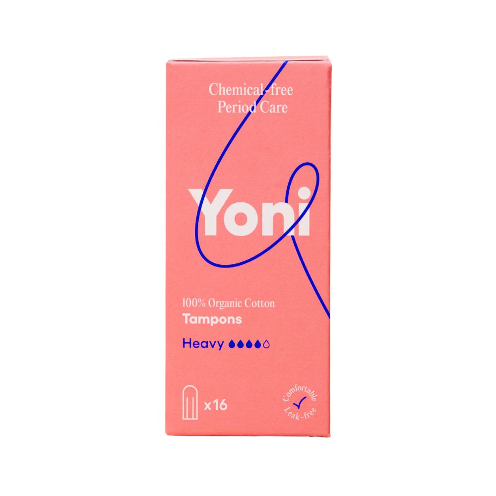 Rosa Verpackung mit "Yoni"-Logo und Text: "100% Organic Cotton Tampons". 16 Stück.