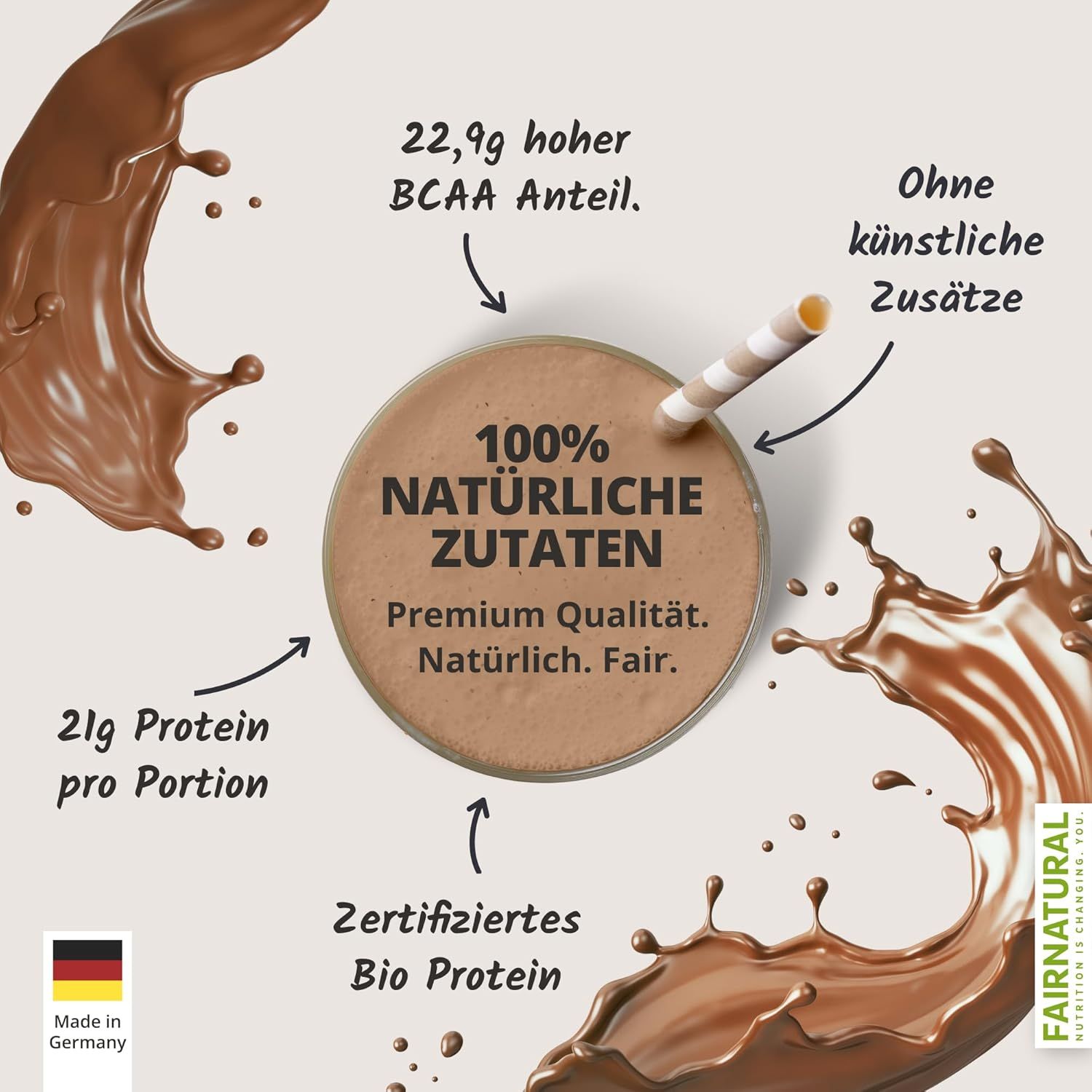 Draufsicht auf Schokomilch mit Strohhalm. Text: 100% natürliche Zutaten, 21g Protein pro Portion, 22,9g hoher BCAA Anteil, ohne künstliche Zusätze.