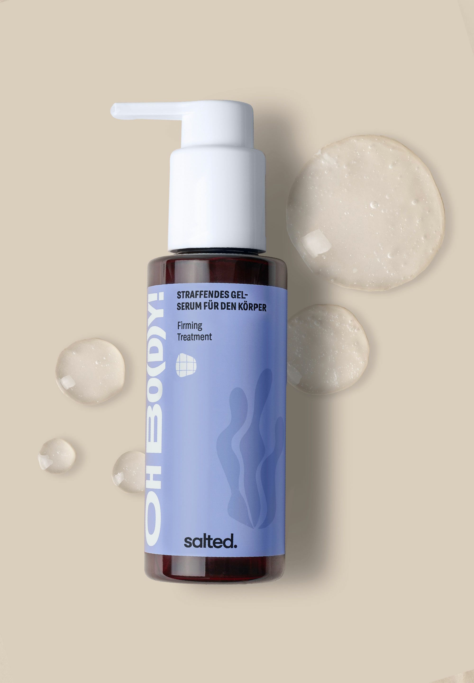Flasche mit Pumpspender, "Oh Bo(dy)!" Straffendes Gel-Serum für den Körper, umgeben von Gel-Tropfen.