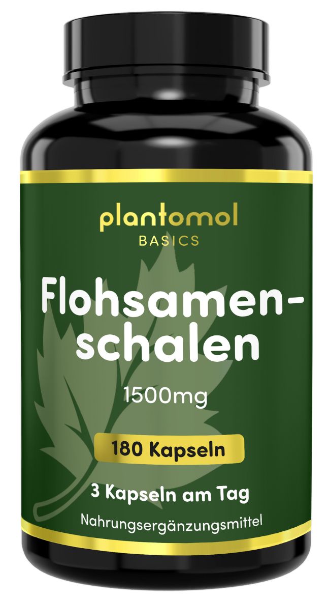 Braune Flasche mit grünem Etikett. Enthält Kapseln. Text: plantomol Basics, Flohsamenschalen, 1500mg, 180 Kapseln.