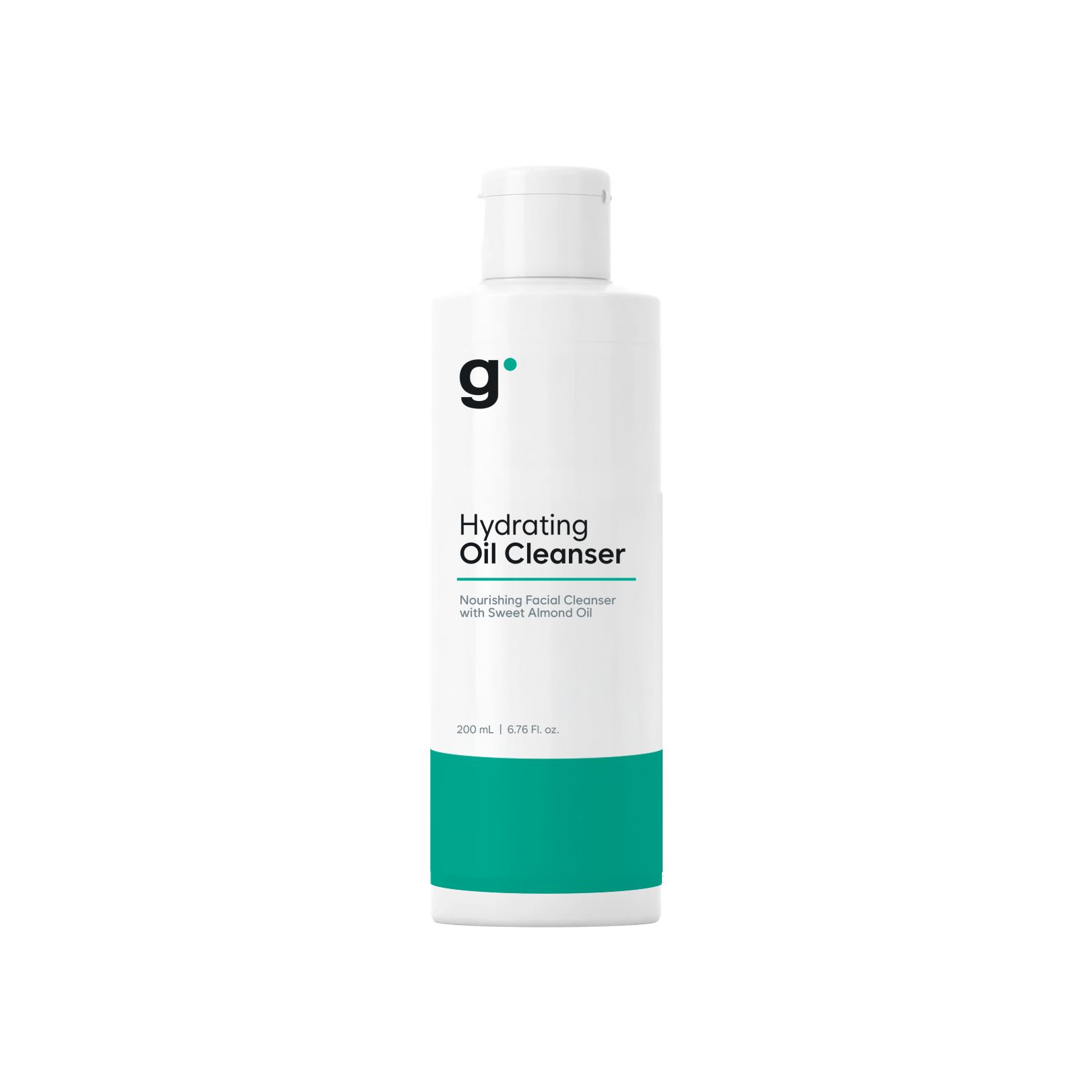 Weiße Flasche mit grünem Streifen. Beschriftung: Hydrating Oil Cleanser. Marke mit kleinem 'g'.