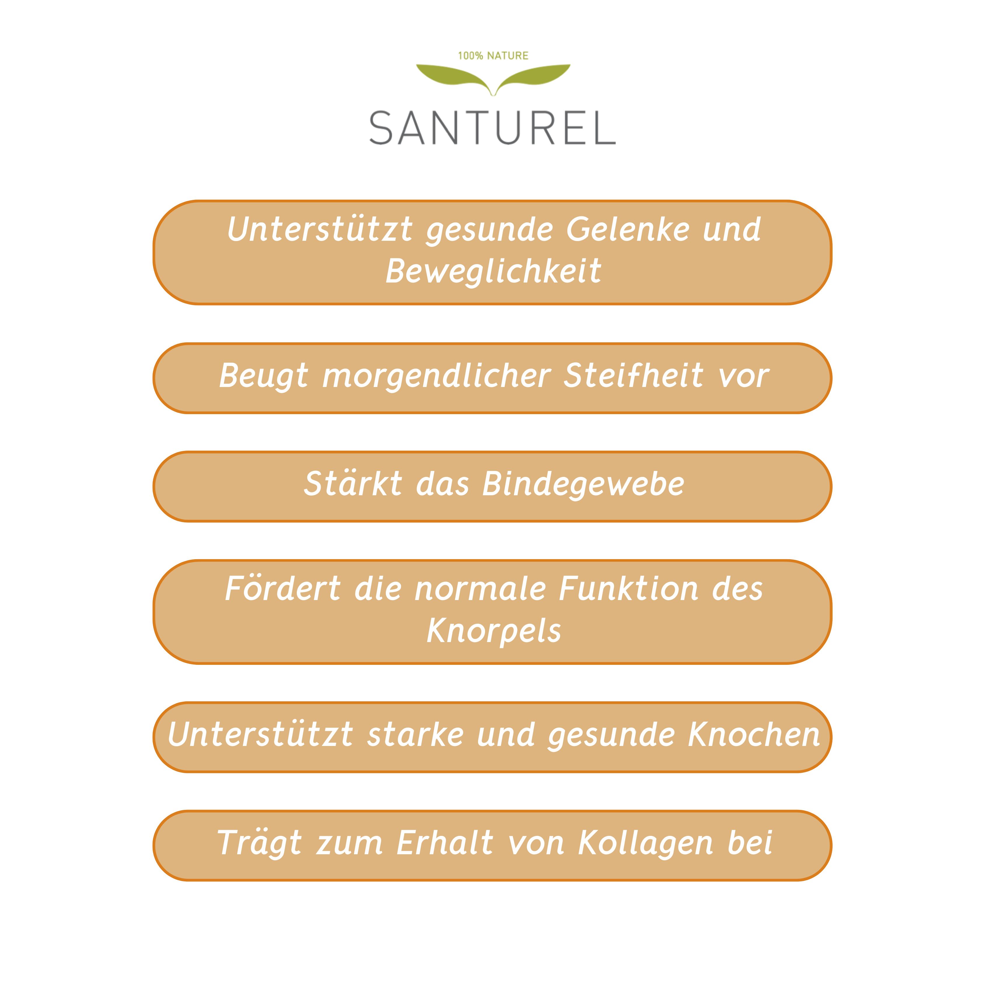 Text auf braunen Rechtecken: Unterstützt gesunde Gelenke und Beweglichkeit, beugt morgendlicher Steifheit vor, stärkt das Bindegewebe.
