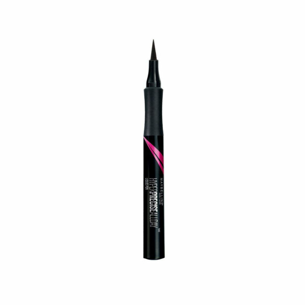 Schwarzer Eyeliner mit feiner Spitze. Schriftzug: Master Precise All Day. Pinkfarbener Akzent.