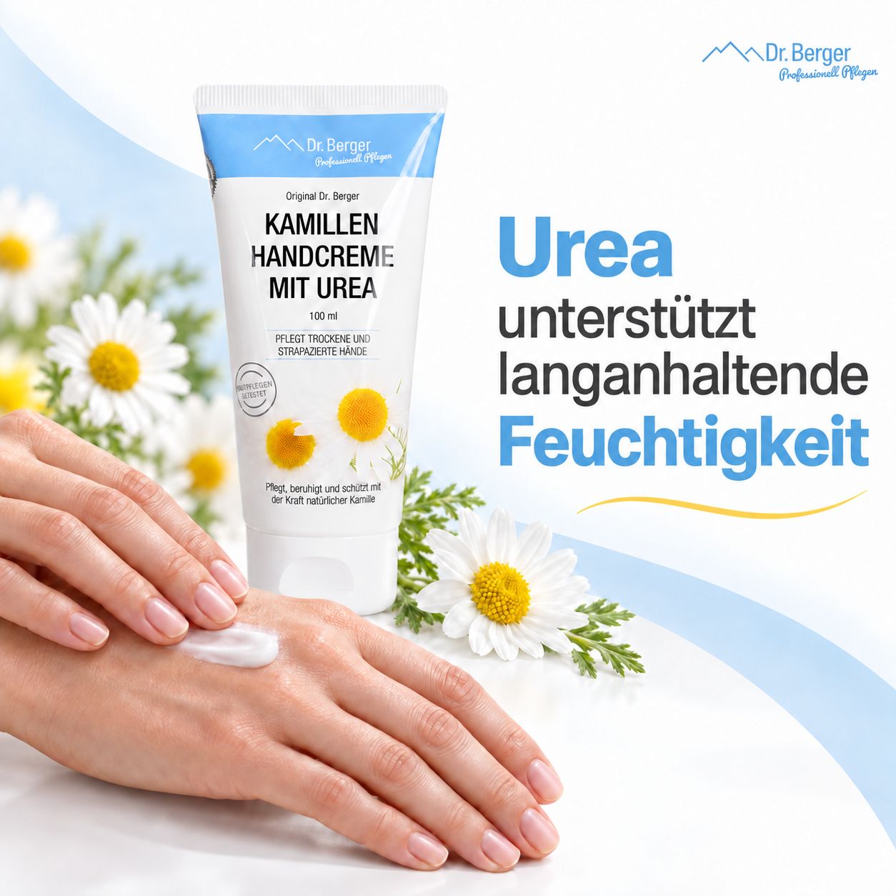 Dr. Berger Kamillen Handcreme mit Urea Tube, mit Urea für langanhaltende Feuchtigkeit.