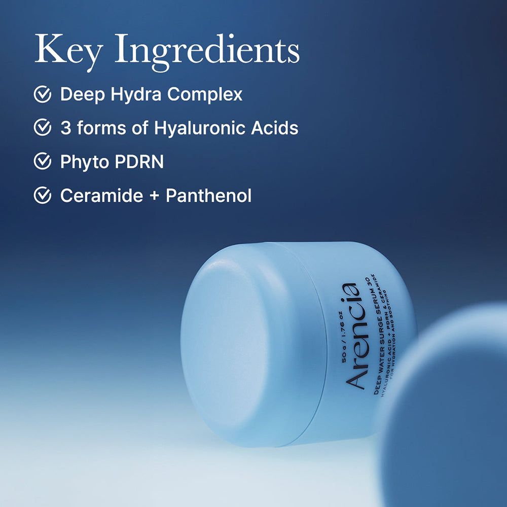 ARENCIA Deep Water Surge Serum 30 Tiegel mit Liste der Hauptinhaltsstoffe: Hyaluronsäure, PDRN, Ceramid.