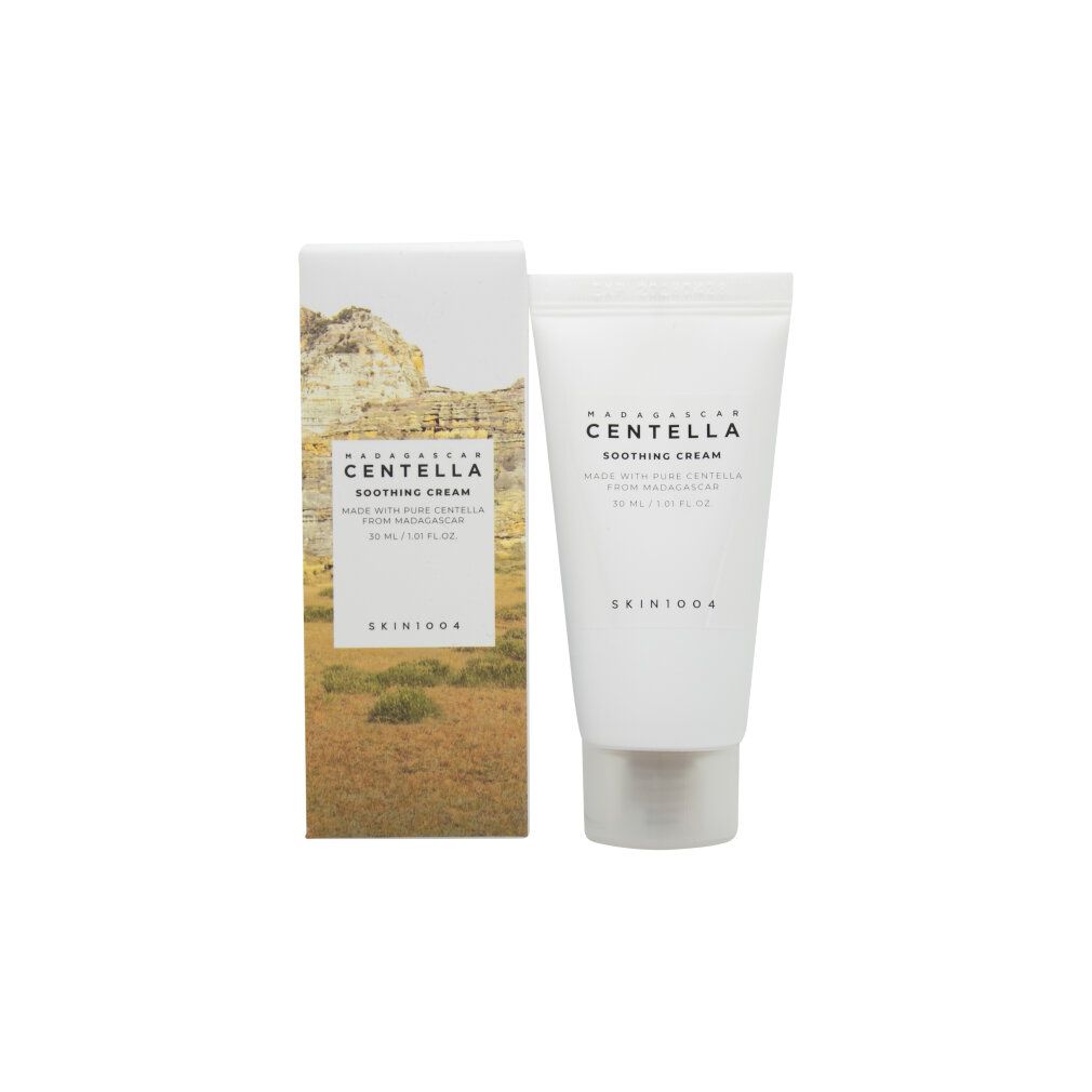 Produkt und Verpackung. Weiße Tube und Schachtel. Produktname: Centella Soothing Cream. Hersteller: SKIN1004.