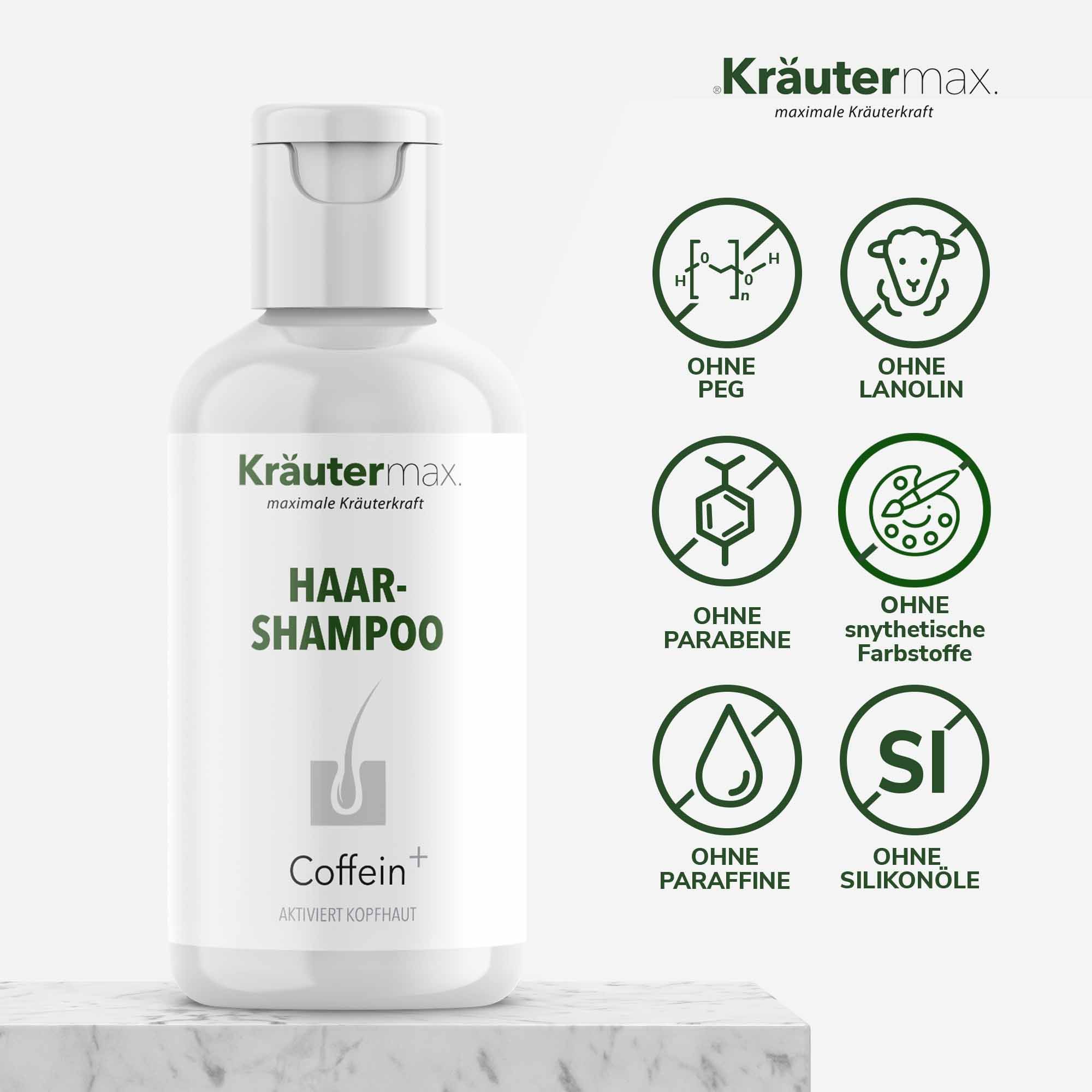 Weißes Shampoo mit Aufschrift: Kräutermax Haarshampoo, Coffein+. Symbole: Ohne PEG, Lanolin, Parabene, synthetische Farbstoffe, Paraffine, Silikonöle.