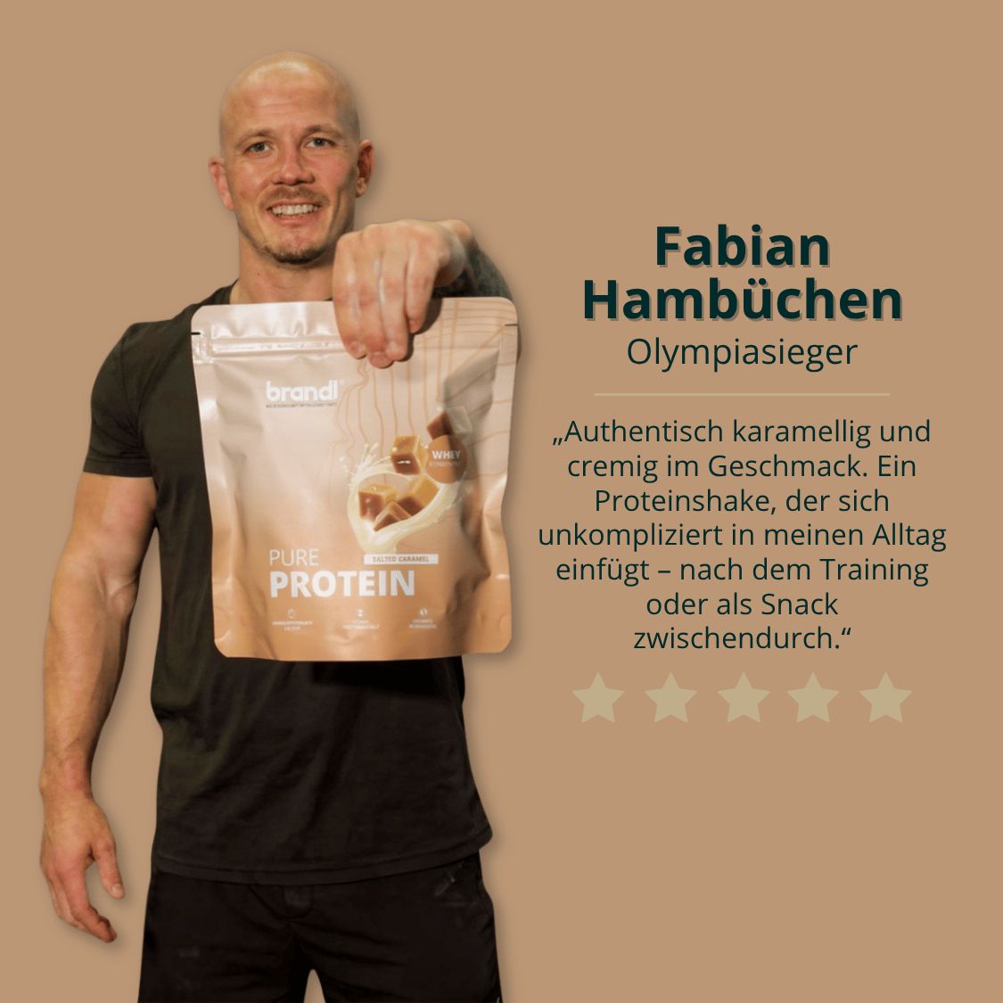 Mann hält Proteinpulver-Beutel. Text: "Fabian Hambüchen, Olympiasieger". Zitat über Geschmack und Verwendung des Produkts.