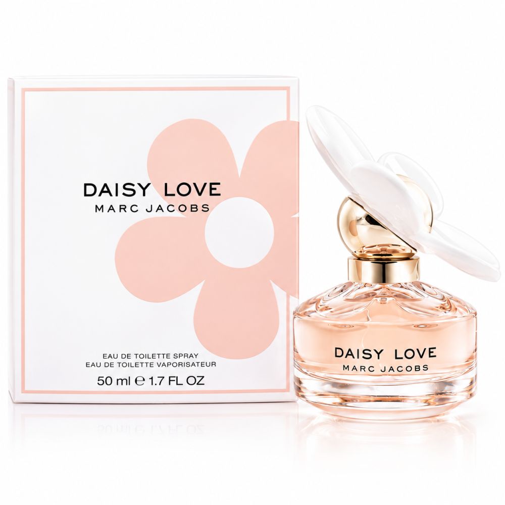 Marc Jacobs Daisy Love Eau de Toilette Spray Flakon und Verpackung mit Blumenmotiv.
